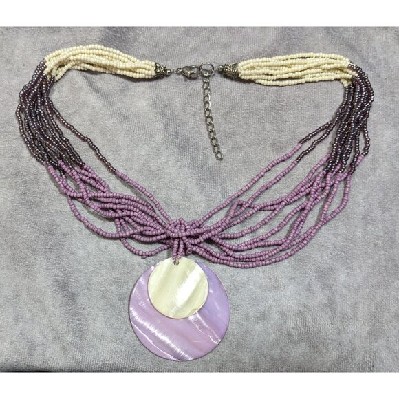 Neutral Mermaidcore Purple And White Glass Beaded Shell Pendant Necklace - Picture 6 of 6
